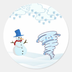 Cute winter snowman and wind classic round sticker