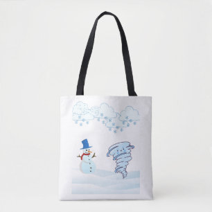 Cute winter snowman and wind tote bag