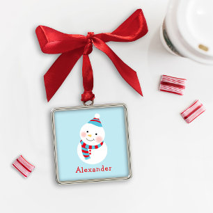 Cute Winter Snowman Blue Custom First Name Metal Tree Decoration