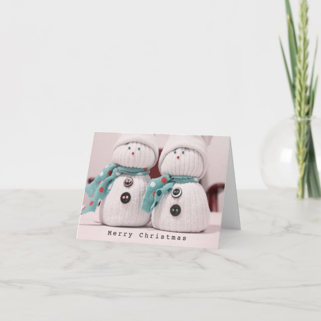 Cute Winter Snowman Couple with Scarves  Holiday Card (Front)
