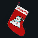 Cute Winter Snowman | Kids Name Red Small Christmas Stocking<br><div class="desc">Who can resist this cute red christmas stocking with your daughter name in decorative font. Featuring an adorable snowman on the front and a pattern of snowmen on the back. To change the text or snowman graphic click on the personalise button. This design contains A.I.</div>