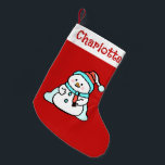 Cute Winter Snowman | Kids Name Red Small Christmas Stocking<br><div class="desc">Who can resist this cute red christmas stocking with your daughter name in decorative font. Featuring an adorable snowman on the front and a pattern of snowmen on the back. To change the text or snowman graphic click on the personalise button. This design contains A.I.</div>