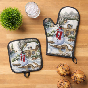 Cute Winter snowman Oven Mitt & Pot Holder Set