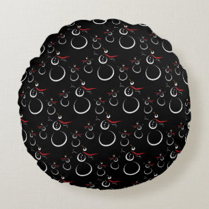 Cute Winter Snowman Pattern Black Round Cushion