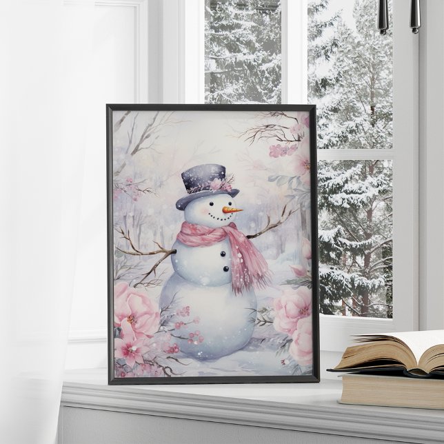 Cute Winter Snowman Pink Flowers Poster (Creator Uploaded)
