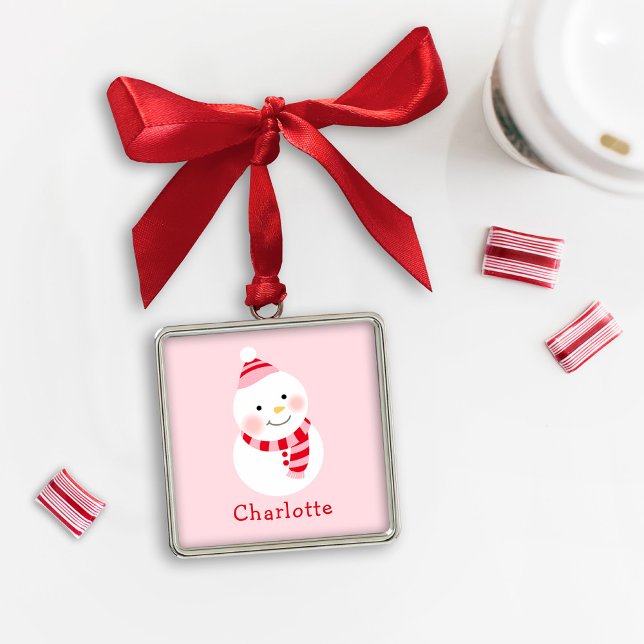 Cute Winter Snowman Pink Red Custom Name Metal Tree Decoration (Creator Uploaded)