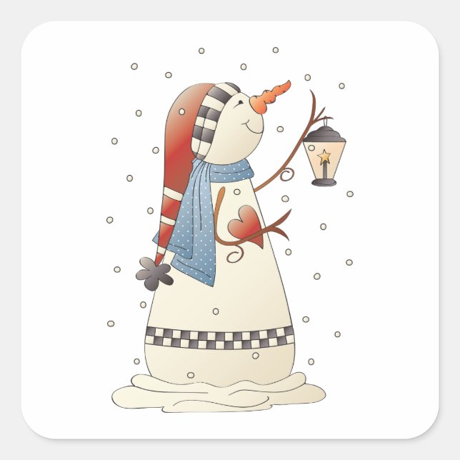 Cute Winter Snowwoman with Lantern  Square Sticker (Front)