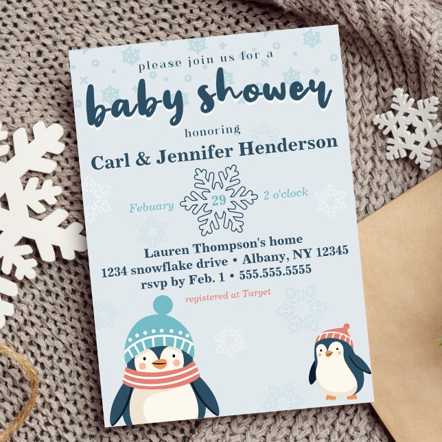 Cute Winter Snowy Penguin Baby Shower Invitation (cute winter baby shower penguin and snowflake design gender neutral for boy or girl blue cozy animal)
