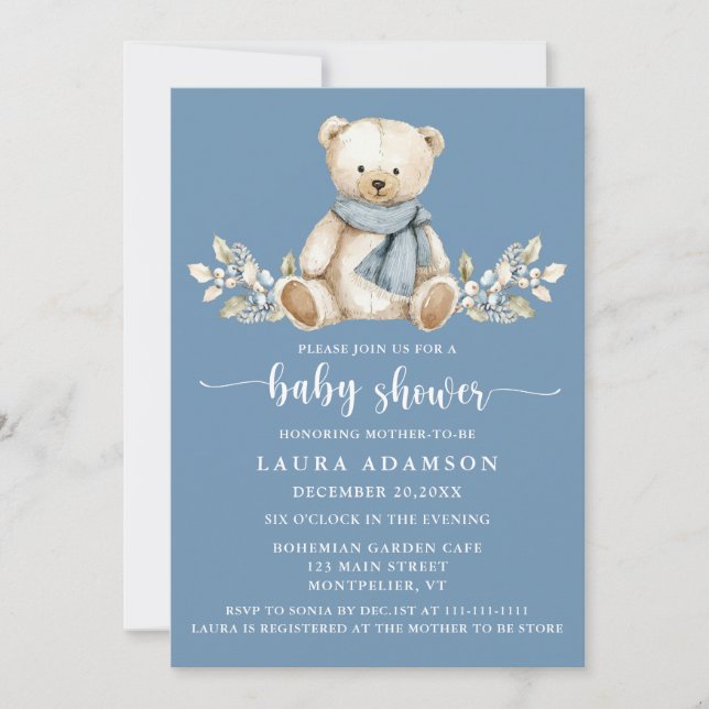 Cute Winter Teddy Bear Baby Shower Blue Invitation (Front)
