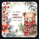 Cute Winter Teddy Bear Kids Christmas Gift Square Sticker<br><div class="desc">Cute personalised gift stickers to help make labelling presents that little bit easier during the festive season! Design features an adorable watercolor winter teddy bear, wrapped up warm in a little brown coat and a red buffallo chequered scarf, festive foliage, snow overlay and a template that easy to customise. Simply...</div>