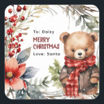 Cute Winter Teddy Bear Kids Christmas Gift Square Sticker<br><div class="desc">Cute personalised gift stickers to help make labelling presents that little bit easier during the festive season! Design features an adorable watercolor winter teddy bear, wrapped up warm in a little brown coat and a red buffallo chequered scarf, festive foliage, snow overlay and a template that easy to customise. Simply...</div>