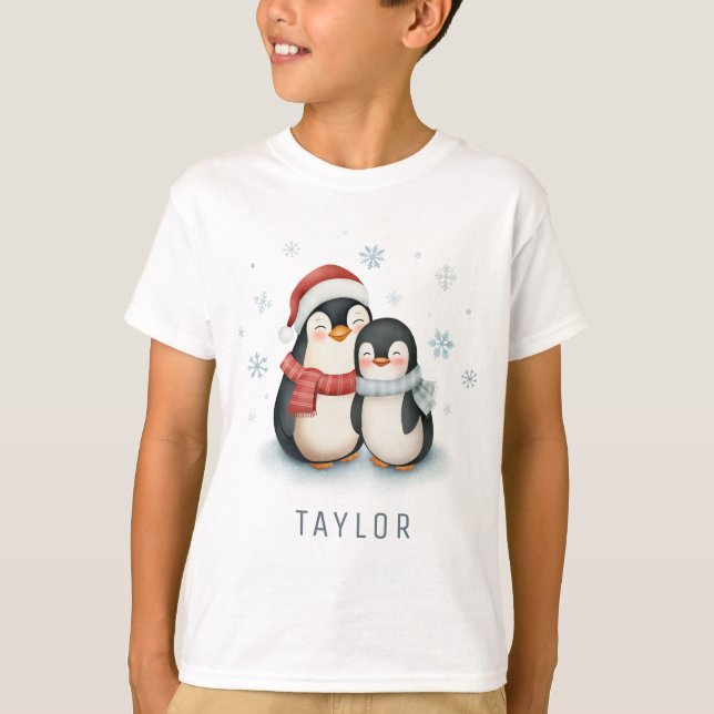 Cute Winter Themed Penguins Christmas T-Shirt (Front)