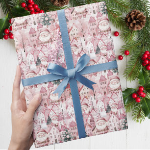 Cute Winter Town Modern Pink Christmas Wrapping Paper