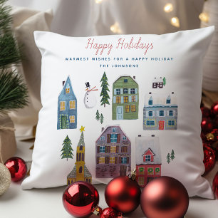 Cute Winter Village Houses Christmas Holiday Cushion