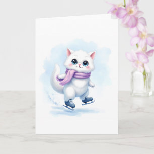 Cute Winter White Kitten Ice Skating Blank Folded Card