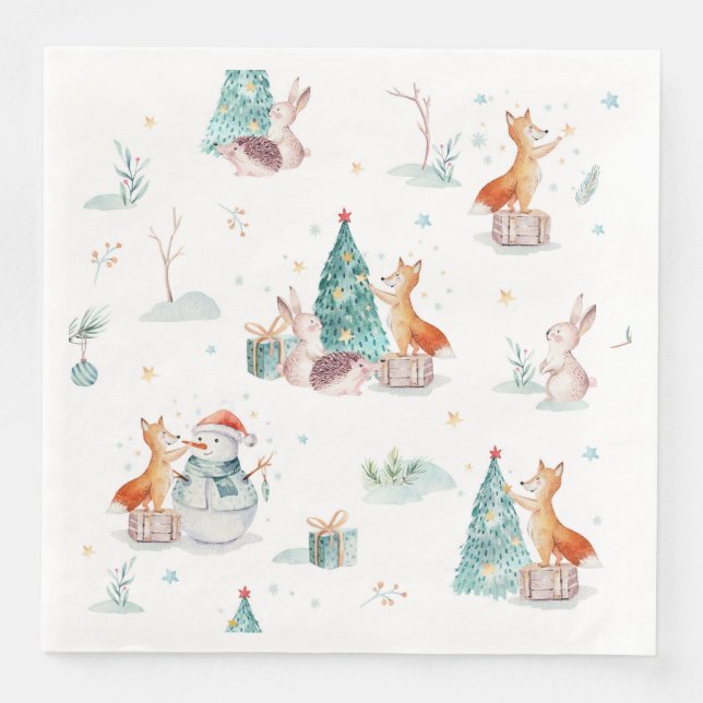 Cute winter wonderland snowman woodland animals napkin (Front)