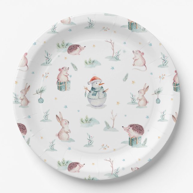Cute winter wonderland snowman woodland animals paper plate (Front)