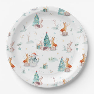 Cute winter wonderland snowman woodland animals paper plate