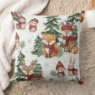 Cute Winter Woodland Animals Christmas Pattern Cushion