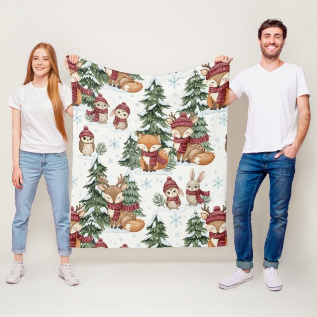 Cute Winter Woodland Animals Christmas Pattern Fleece Blanket (In Situ)