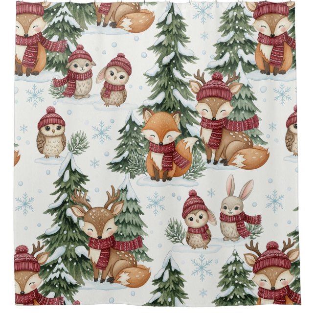 Cute Winter Woodland Animals Christmas Pattern Shower Curtain (Front)