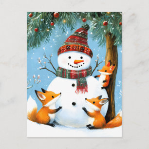 Cute Winter Woodland Snowman Foxes Holiday Postcard