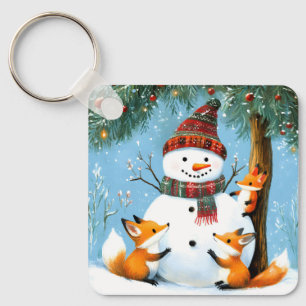 Cute Winter Woodland Snowman Foxes Key Ring
