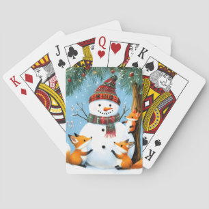 Cute Winter Woodland Snowman Foxes Playing Cards