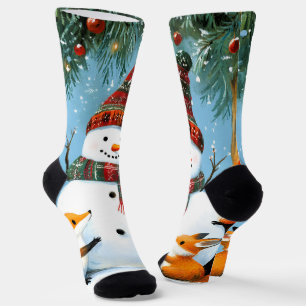 Cute Winter Woodland Snowman Foxes Socks