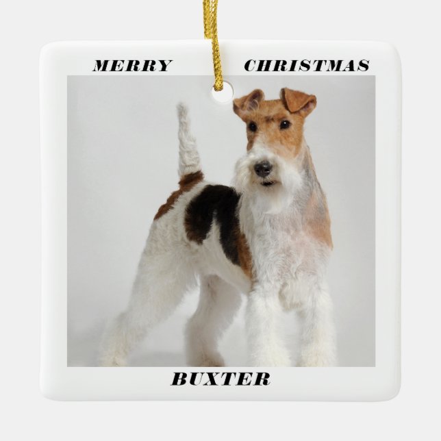 Cute Wire Fox Terrier Dog Photo Merry Christmas Ceramic Ornament (Front)