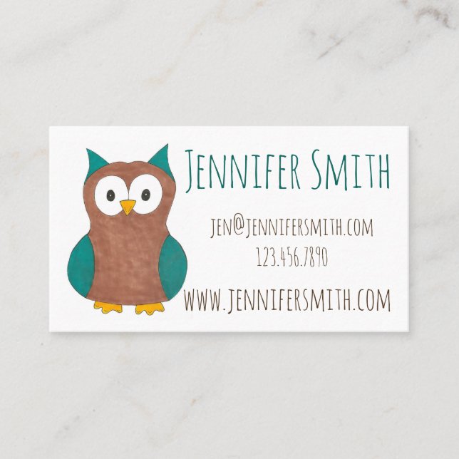 Cute Wise Brown Blue Cartoon Owl Bird Animal Business Card (Front)