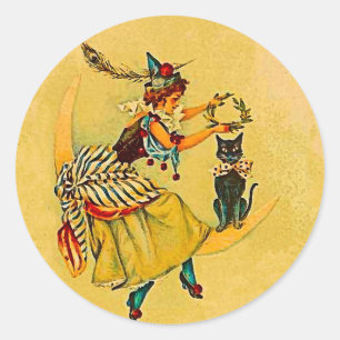 Cute Witch 0n Moon Classic Round Sticker