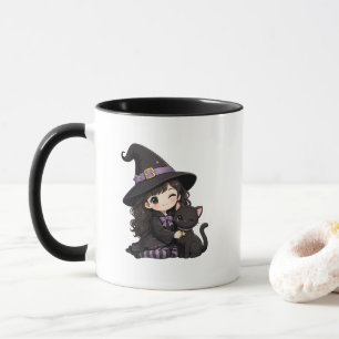 Cute witch and black cat mug