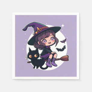 Cute Witch and Black Cat Napkin