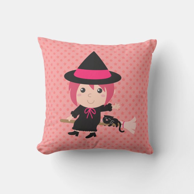 Cute Witch and Black Cat on Flying Broom Cushion (Front)