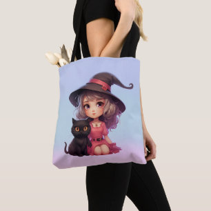 Cute Witch and Black Cat Pink and Blue Halloween Tote Bag