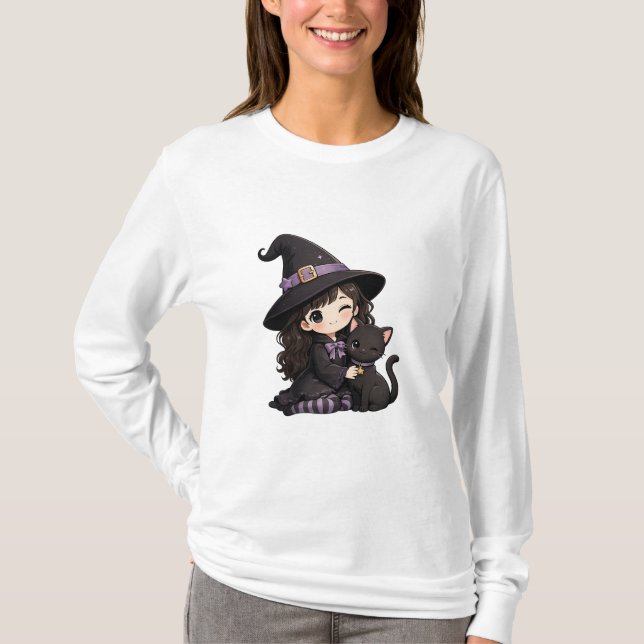 Cute witch and black cat  T-Shirt (Front)