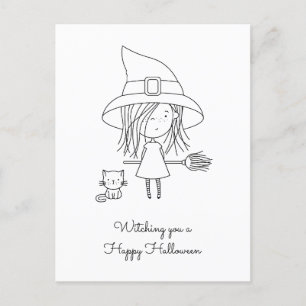 Cute Witch and Cat Halloween Colouring Holiday Postcard