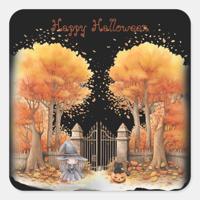 Cute Witch and Cat Outside Gate Halloween Square Sticker (Front)