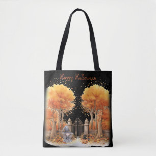 Cute Witch and Cat Outside Gate Halloween Tote Bag