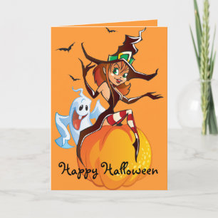 Cute Witch and Ghost Halloween Card