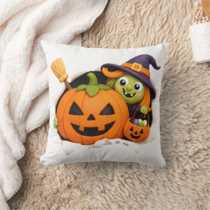 Cute Witch and Jack-o'-Lantern Clay Figurine Cushion