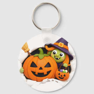 Cute Witch and Jack-o'-Lantern Clay Figurine Key Ring