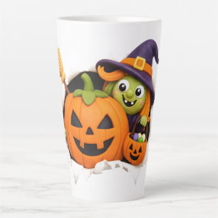 Cute Witch and Jack-o'-Lantern Clay Figurine Latte Mug