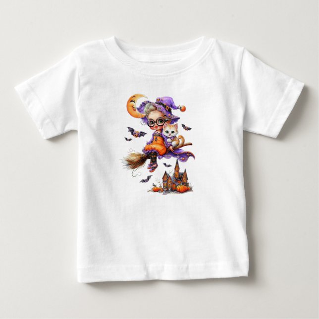 Cute Witch and Kitten on a Broom Baby T-Shirt (Front)
