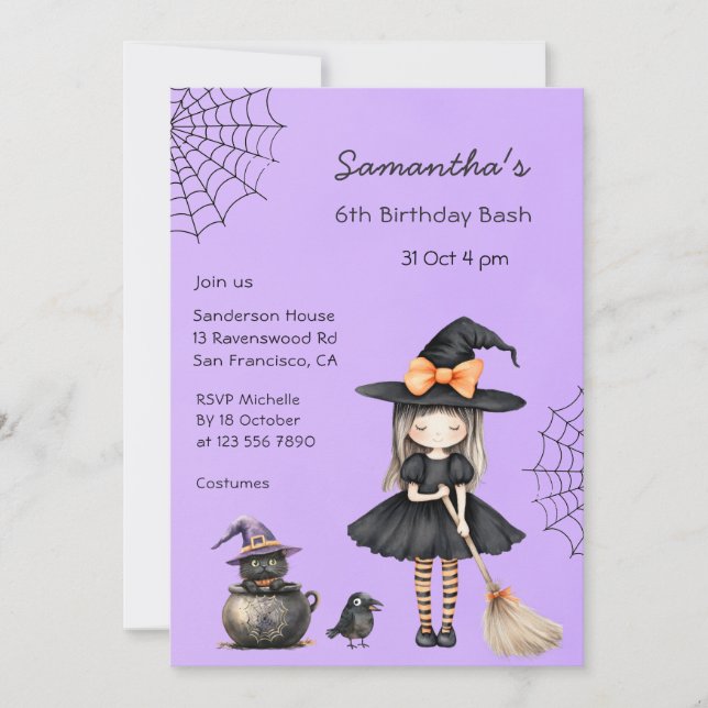 Cute Witch Birthday Bash Halloween Party Invitation (Front)