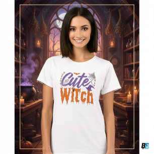 Cute Witch Black and White Womens Halloween  T-Shirt