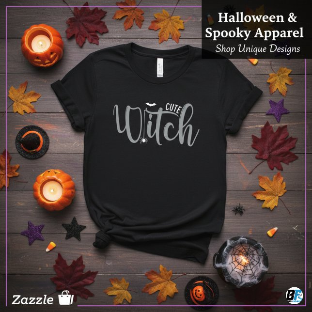 Cute Witch Black and White Womens Halloween  T-Shirt (Creator Uploaded)