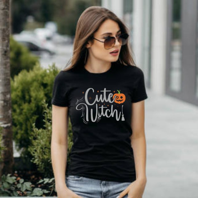 Cute Witch Black and White Womens Halloween  T-Shirt (Creator Uploaded)