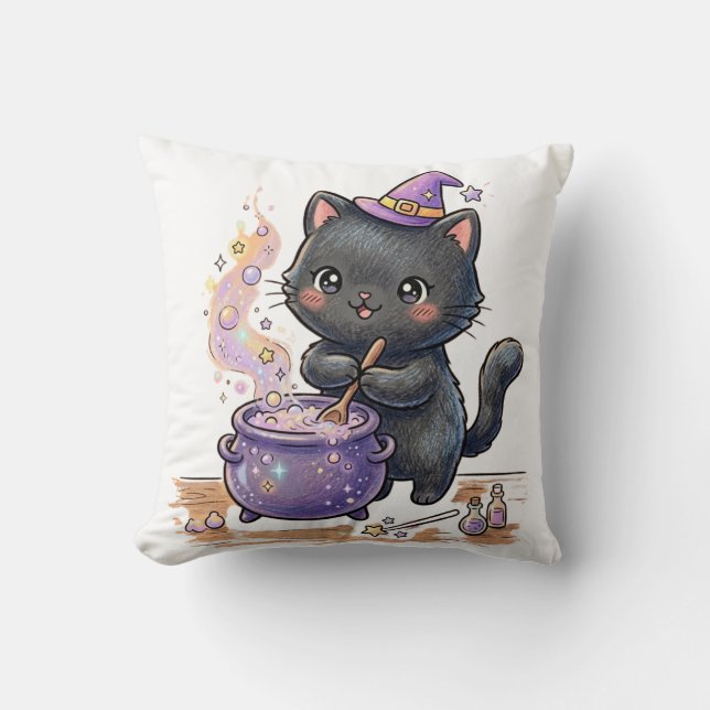 Cute Witch Black Cat Brewing Magic Potion Hallowee Cushion (Front)